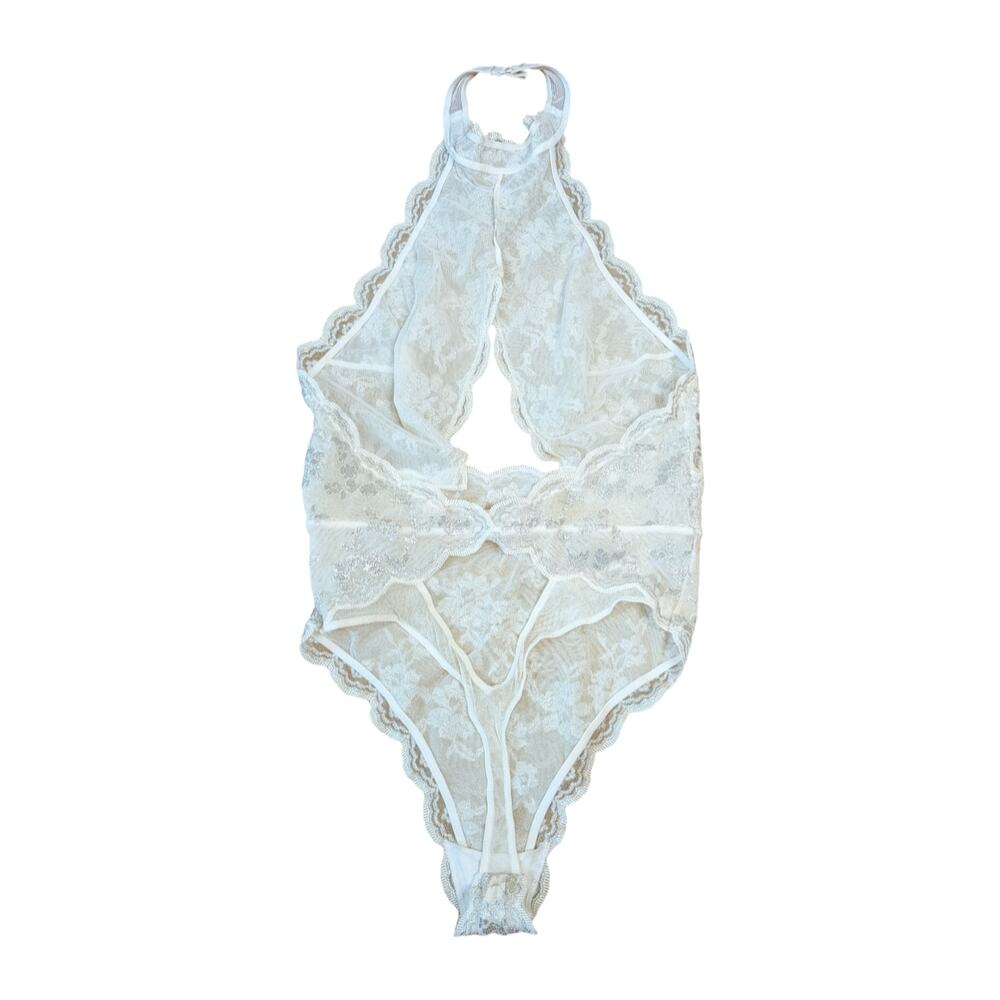 Victoria's Secret Silver Metallic Floral Lace Halter Plunging Bodysuit SZ M - Picture 4 of 8